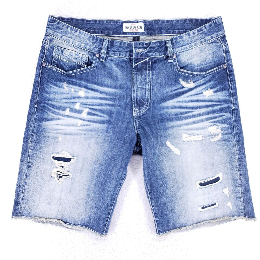 Rivet De Cru Jean Shorts Denim Cotton Mens SZ 38 Blue Straight VTG Baggy 90s Y2K
